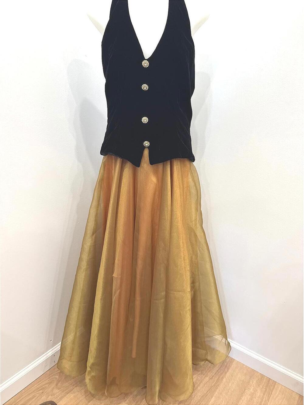 Vintage Black Velvet Buttoned Halter Top with Gold Organza Maxi Skirt
